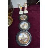 Three Framed Victorian Pot Lids and a Pair of Staffordshire Figures