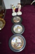 Three Framed Victorian Pot Lids and a Pair of Staffordshire Figures