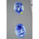 Royal Doulton Blue & White Wall Plaques with Gilt Rim - Scenes of Childhood