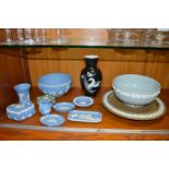 Wedgwood Blue & White Jasper Ware plus Brown Cake Plate, Pale Blue Bowl etc.