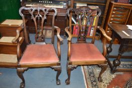 Pair of Edwardian Chippendale Mahogany Armchairs with Pierced Backs