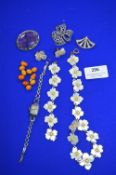 Costume Jewellery; Amethyst Brooch, Amber Beads, etc.