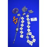 Costume Jewellery; Amethyst Brooch, Amber Beads, etc.