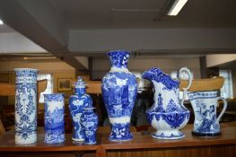 Copeland Spode, Delft, Royal Daulton, and Other Blue & White Vases, Jugs, etc.