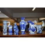 Copeland Spode, Delft, Royal Daulton, and Other Blue & White Vases, Jugs, etc.