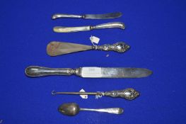 Hallmarked Sterling Silver Handled Knives, Button Hook, Shoe Horn, etc.