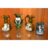 Four Victorian Mary Gregory Blue and Green Glass Jugs