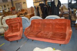 Retro Parker Knoll Three Seat Sofa and Revolving Wingback Armchair in Dusty Pink Velour