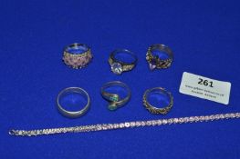 Six Sterling Silver Rings and a Bracelet