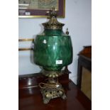 Large Brass and Green Glass Oil Lamp Style Electric Lamp