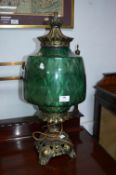 Large Brass and Green Glass Oil Lamp Style Electric Lamp