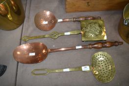 Four Victorian Utensils; Ladle, Strainers and a Chestnut Roaster