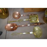 Four Victorian Utensils; Ladle, Strainers and a Chestnut Roaster