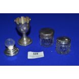 Hallmarked Sterling Silver Egg Cup, Menu Holder, and Cut Glass Jars