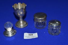 Hallmarked Sterling Silver Egg Cup, Menu Holder, and Cut Glass Jars
