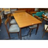 Ercol Teak Drawer Leaf Dining Table with Four Green Upholstered Chairs