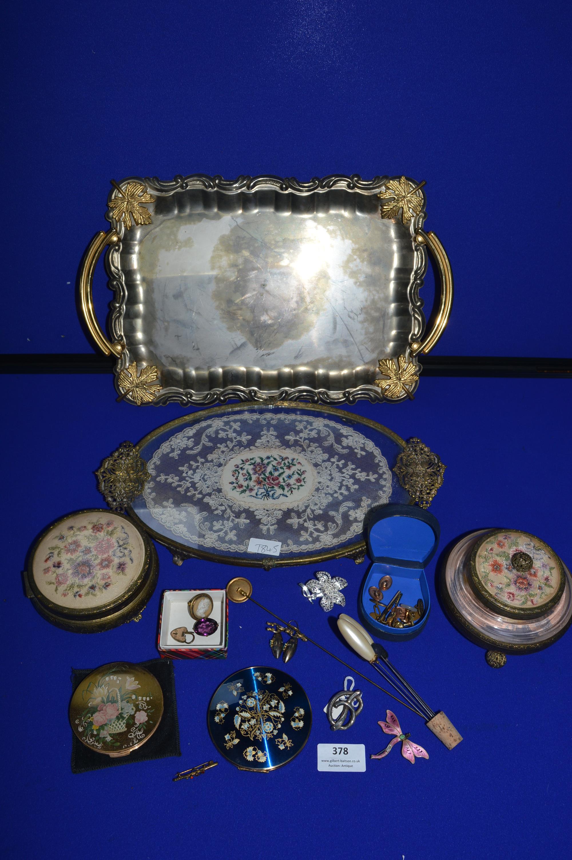 Tray Lot of Costume Jewellery, Compacts, Part Dressing Table Sets, Hat Pins, etc.