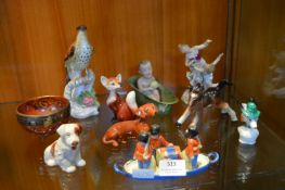 Assorted Pottery Figures; Dogs, Foxes, etc. plus Mailing Bowl and a Cruet Set