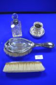 Hallmarked Sterling Silver Brushes, Ink Stand & Scent Bottle
