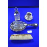 Hallmarked Sterling Silver Brushes, Ink Stand & Scent Bottle