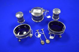 Hallmarked Sterling Silver Five Piece Condiment Set with Blue Glass Liners