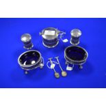 Hallmarked Sterling Silver Five Piece Condiment Set with Blue Glass Liners