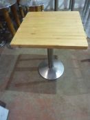 * 6 x square butchers block topped tables with S/S base 600w x 600d x 770h