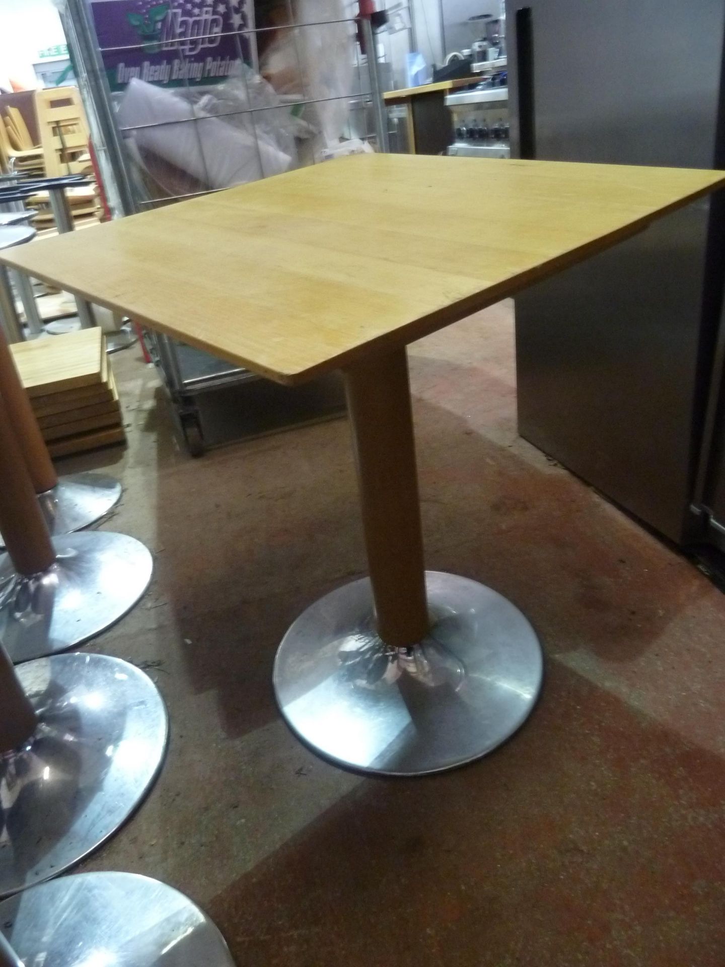 * 4 x wooden topped square tables with chrome and wooden bases 690w x 690d x 750h