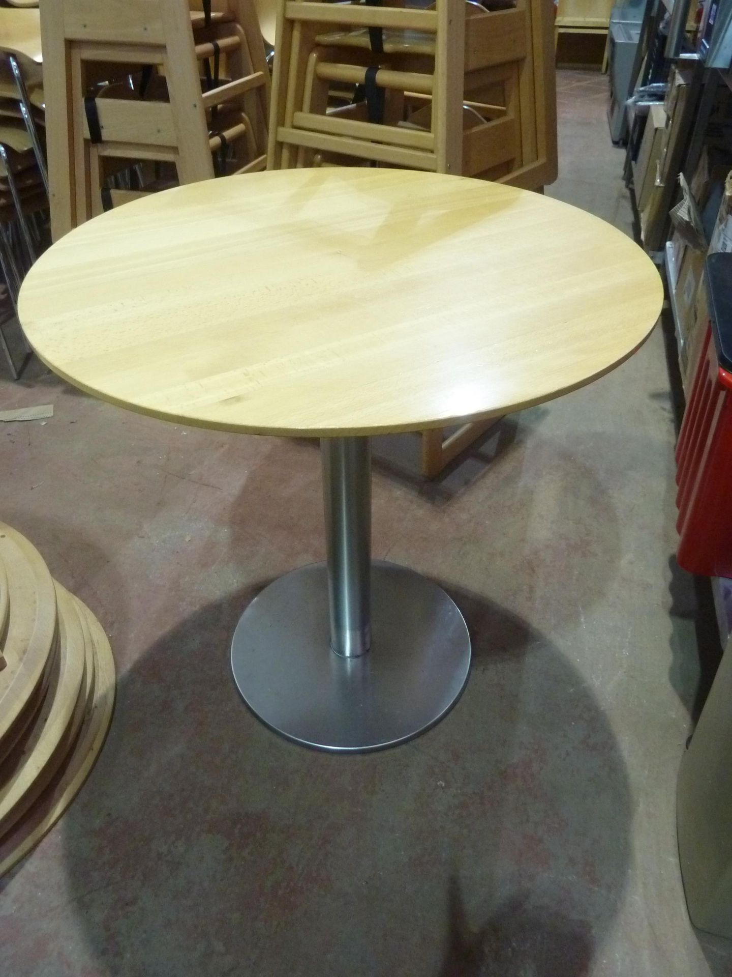 * 4 x wooden topped round table with S/S base 750 diameter x 750h