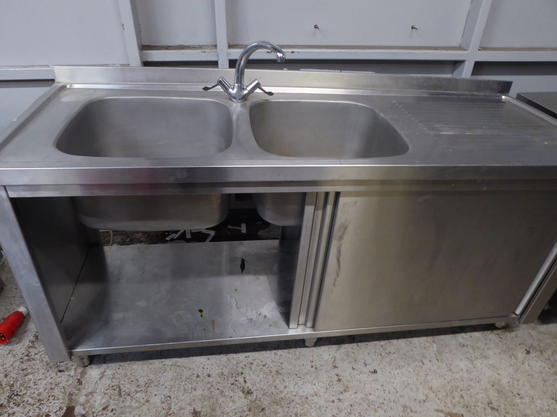 *S/S double bowl sink with right hand drainer and tap, complete with 2 sliding doors and undershelf. - Image 2 of 3