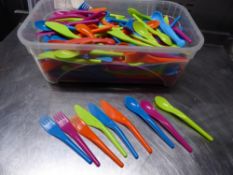 *large quantity of colourful childrens cutlery - knives, folks and spoons