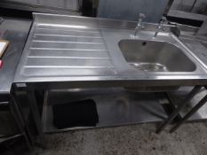 *S/S sink with left hand drainer, upstand, taps and undershelf 1200w x 650d x 850h