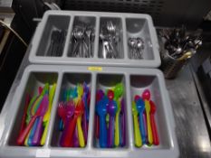 *2 x grey cutlery trays with plastic and S/S cutlery and S/S cutlery holder