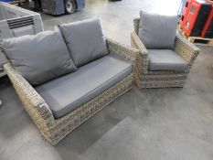 *Rattan Two Seat Sofa and Matching Armchairs with Grey Cushions