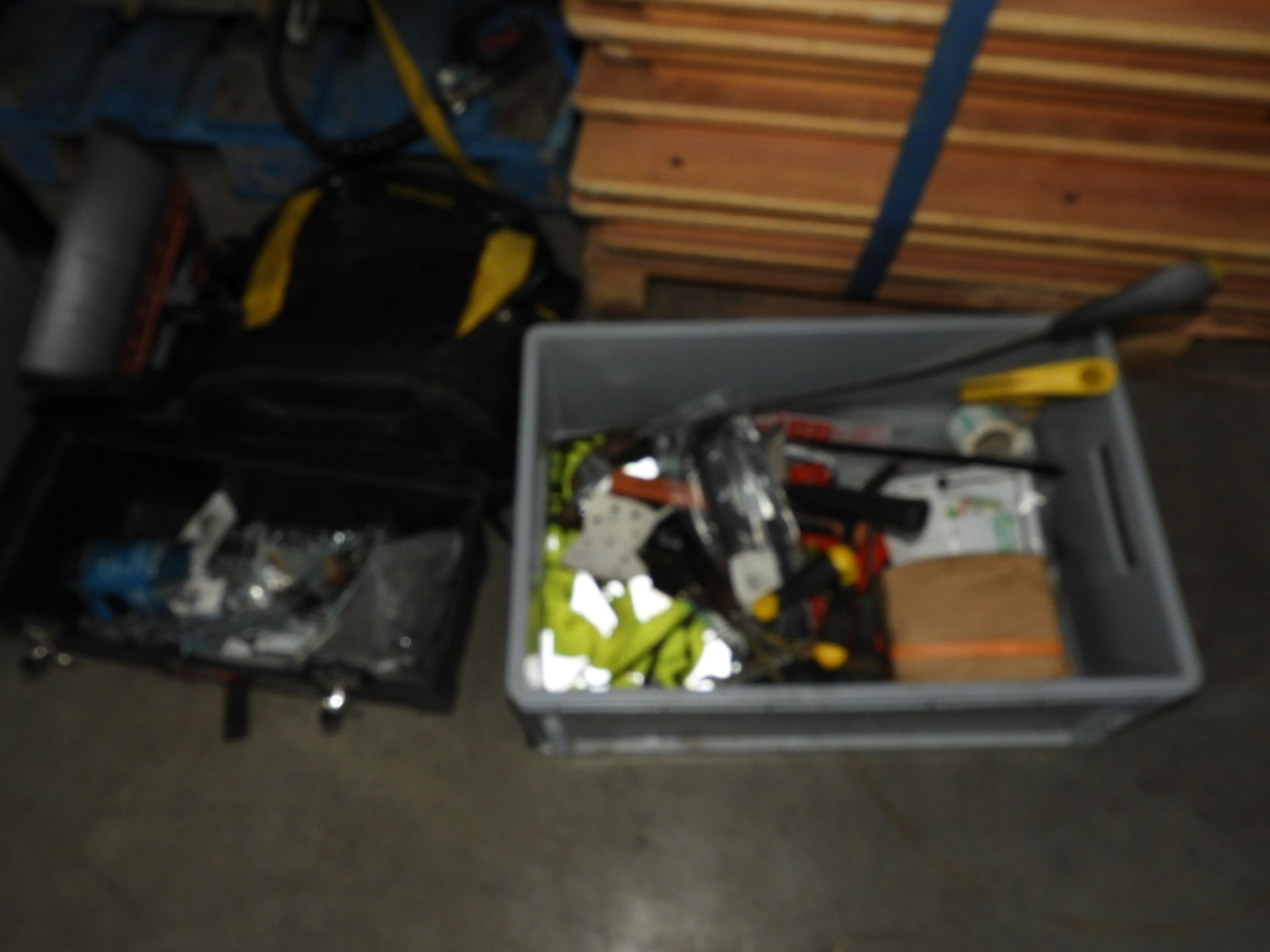 *Box Containing Assorted Hand Tools, Plastic Toolbox Containing Screws, and a Stanley Fatmax Backpac