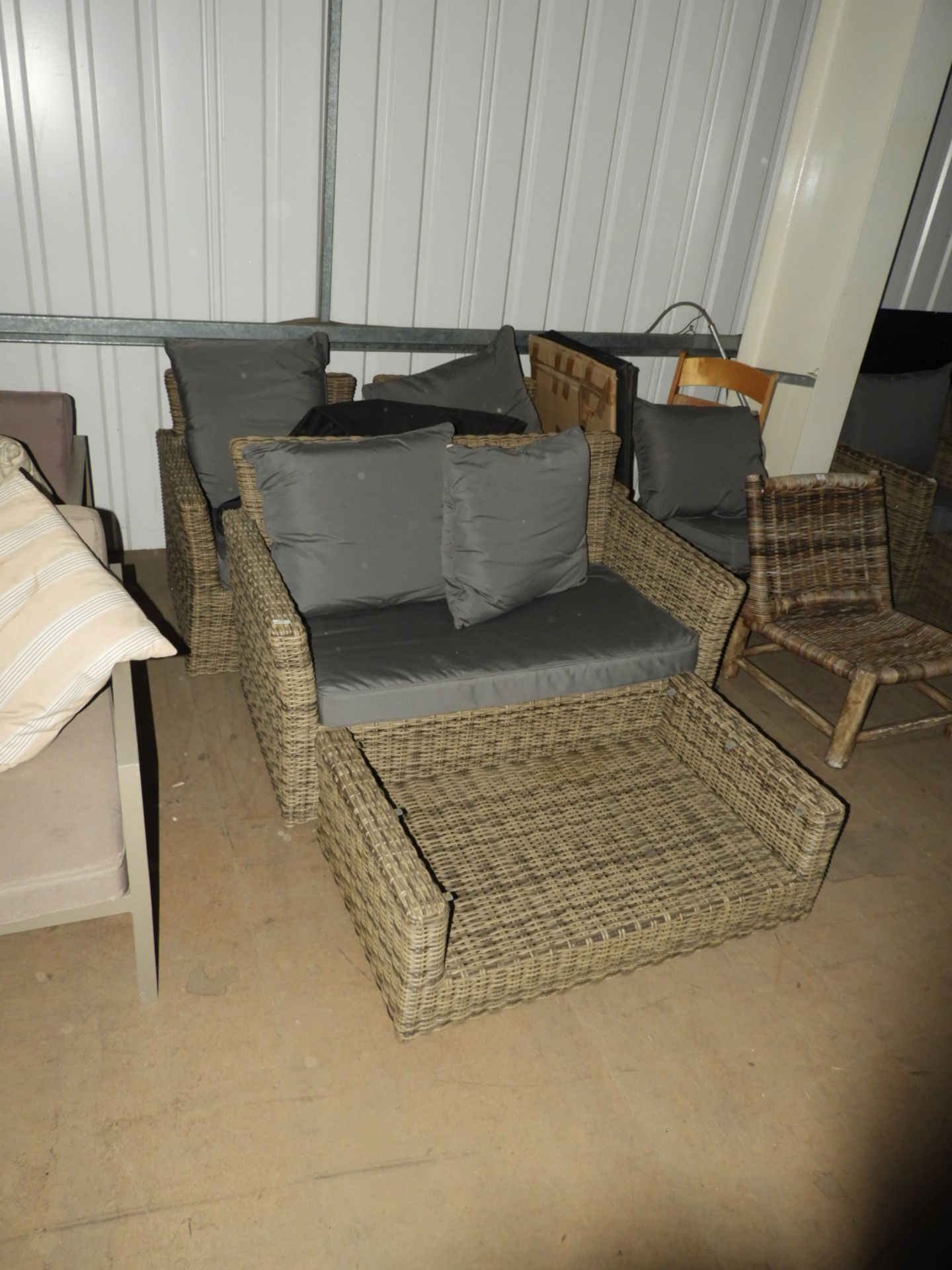 *Rattan Patio Set; Two Seat Sofa, Two Easy Chairs, Occasional Table and Cushions