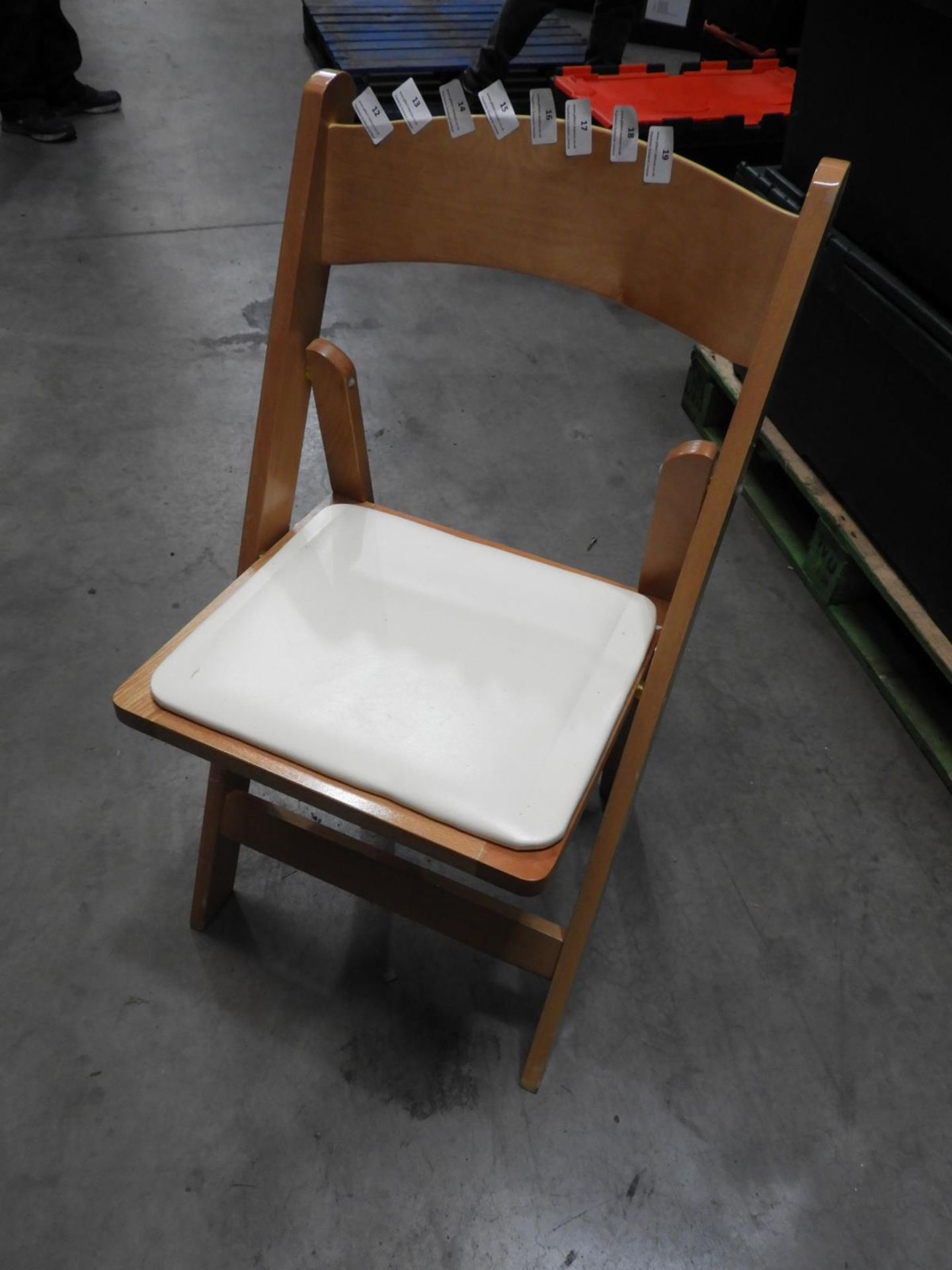 *Plastic Crate Containing 24 Folding Beech Chair with Cream Vinyl Seat Pad