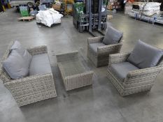 *Rattan Four Piece Patio Set; Two Seat Sofa, Two Easy Chairs and a Table with Plate Glass Top