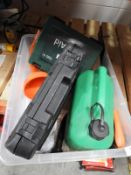 *Box Containing Hand Saw, First Aid Kit, Fuel Can, Funnel, and a Socket Set