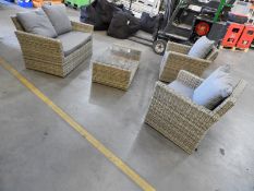 *4pc Rattan Patio Set; Two Easy Chairs, One Sofa and a Glass Topped Table