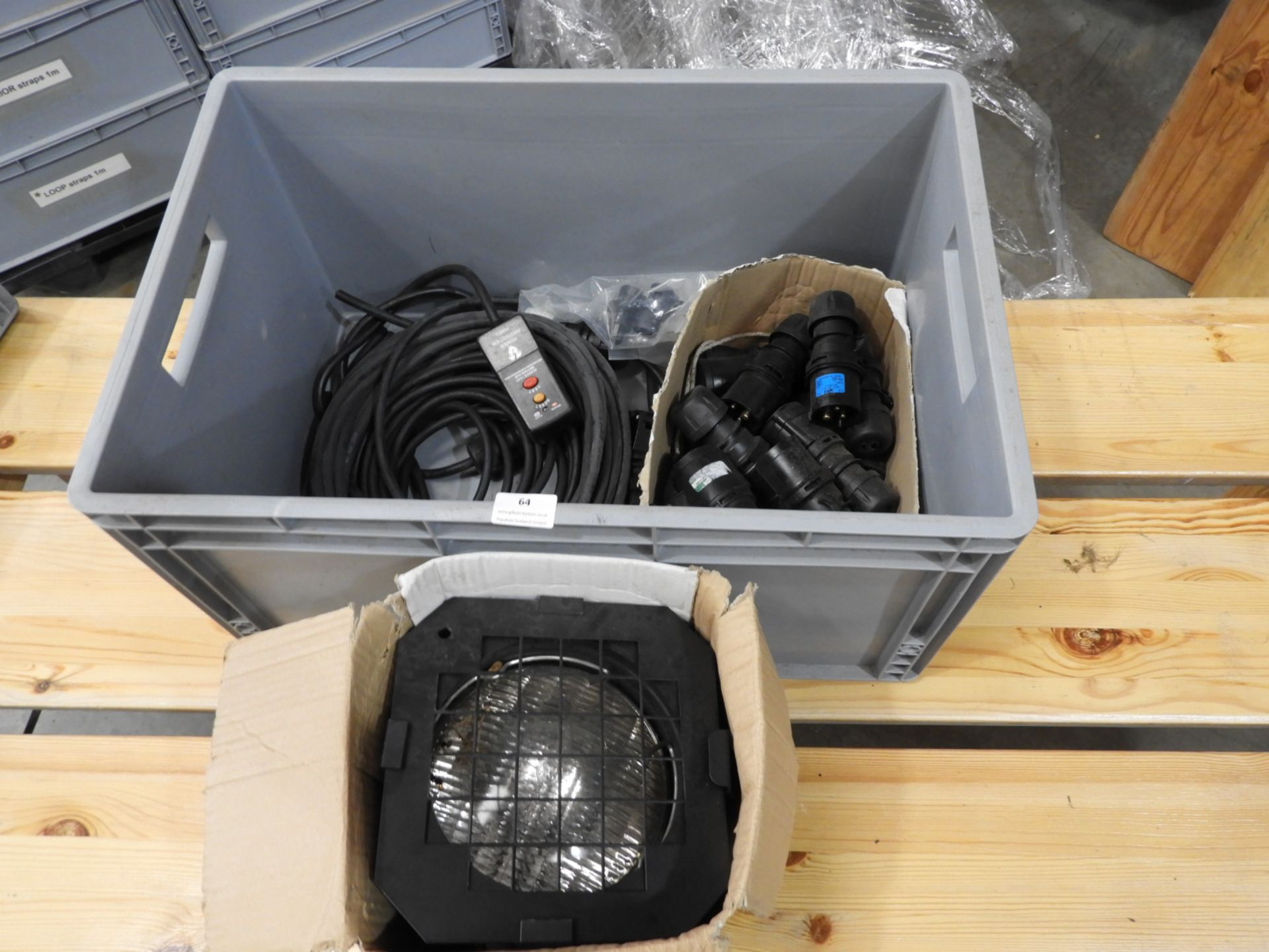 *Box Containing RCD Power Supplies, 16A Plugs, Par-64 Flood Lamp, etc.