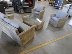 *4pc Rattan Patio Set; Two Easy Chairs, One Sofa and a Glass Topped Table