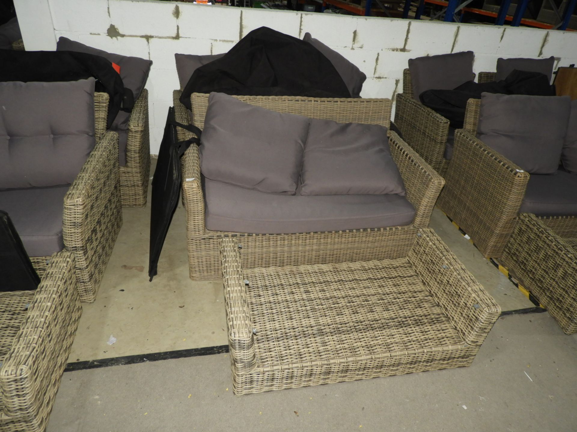 *Set of Rattan Garden Furniture; Two Seat Sofa, Two Easy Chairs and Table with Glass Top