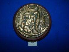 French Navy Brass Plaque on Wood Mount ~16.5cm diameter