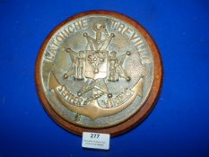 French Navy Brass Plaque on Wood Mount ~20cm diameter