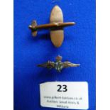 Silver RAF Lapel Badge and Brass Wartime Era Fighter Lapel Badge