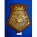 Brass Navy Plaque on Wood 22cm high