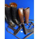 Pair of Brass Spurs, Plated Leather Whip, Leather Equipment...