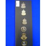 Three ARP Badges, Silver Service, RAF, and Navy Cap Badges