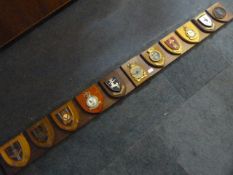 Eleven Military Plaques Mounted on Wood